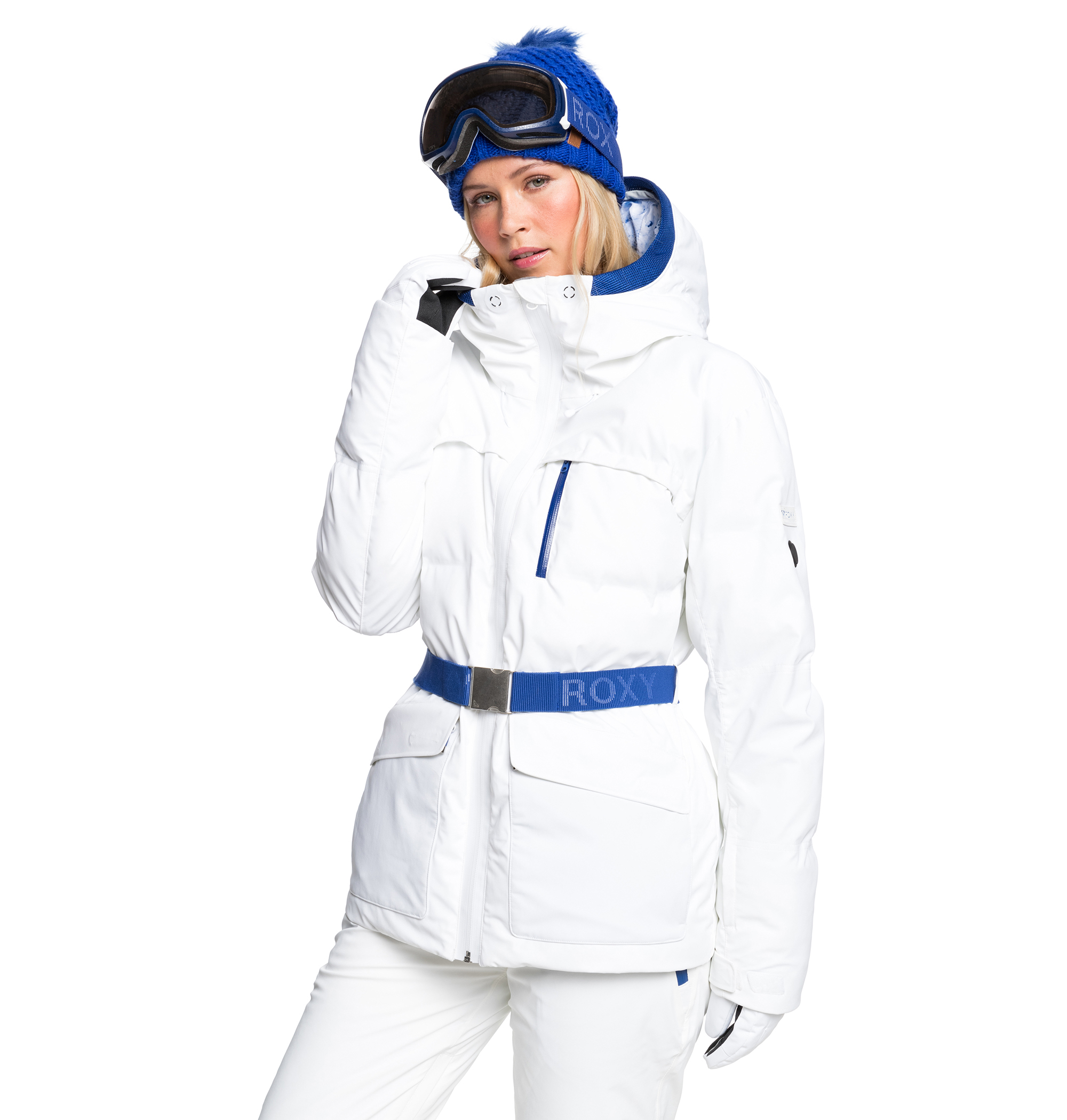 30%OFF！ROXY PREMIERE SNOW JK 鮮やかなブルーのアクセントと美しいプリント柄のライニングが、ホワイトカラーのフォルムに映えるスキージャケットの画像