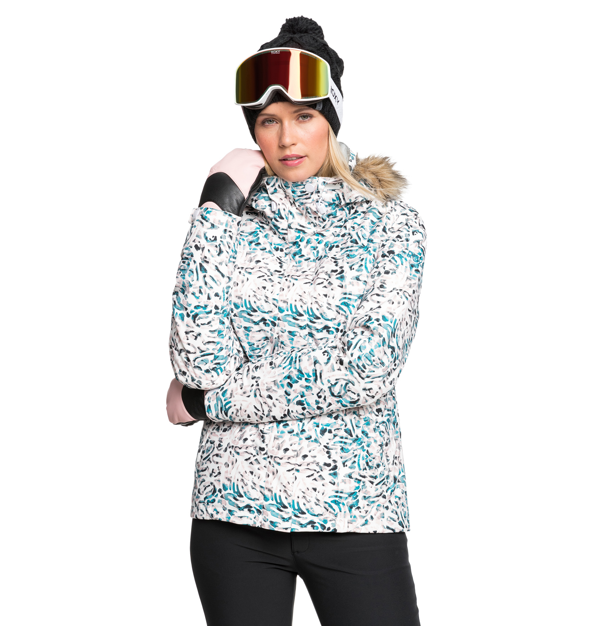30%OFF！【送料無料】JET SKI JK 色彩豊かなプリント柄の艶やかなフォルムにボリューミーなエコファーフードをあしらったスキージャケット