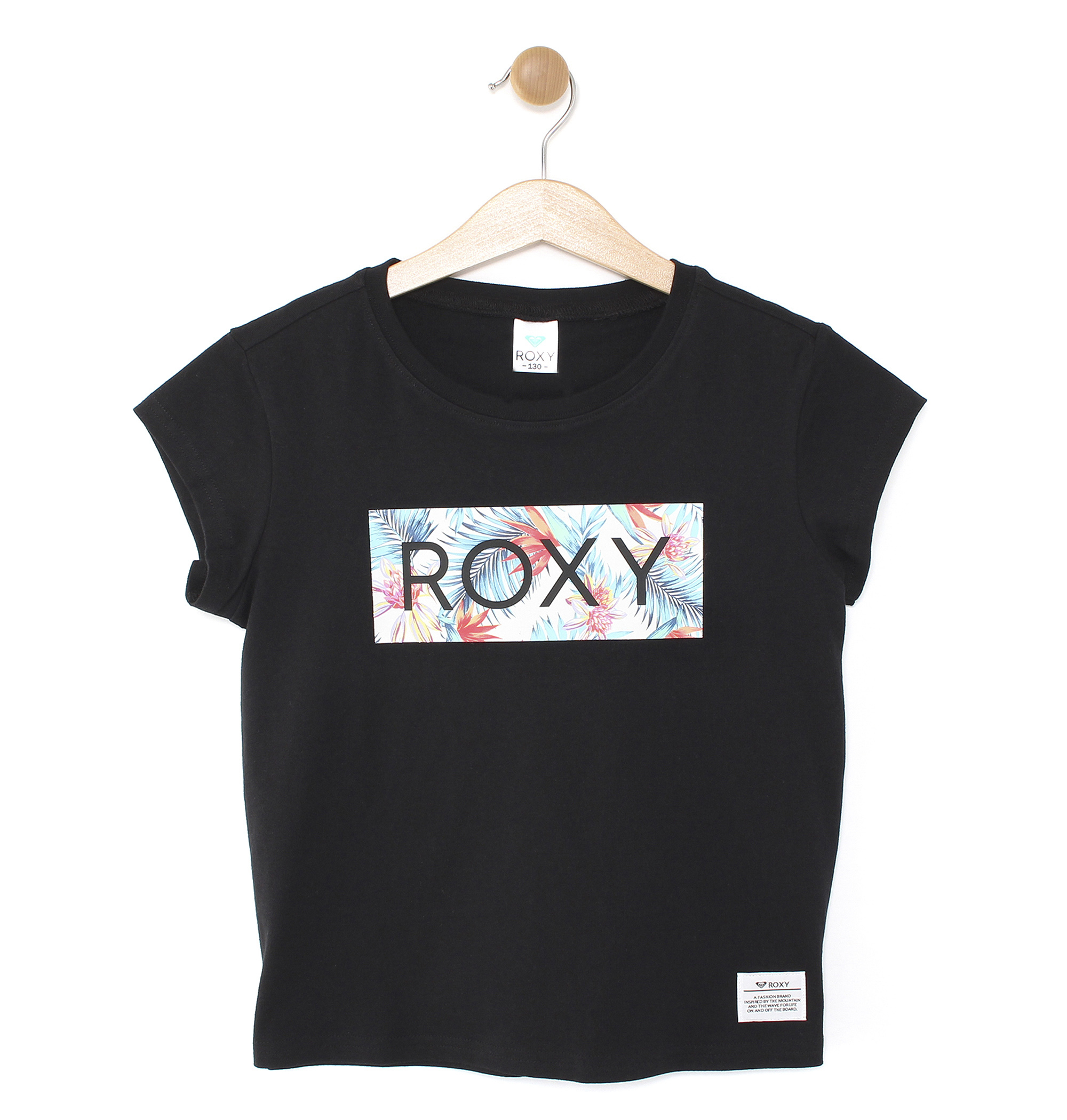50%OFF！＜Roxy＞MINI BOTANICAL HEALING スクエア型の鮮やかなボタニカル柄のプリントに、ブランドロゴが抜かれたTシャツ