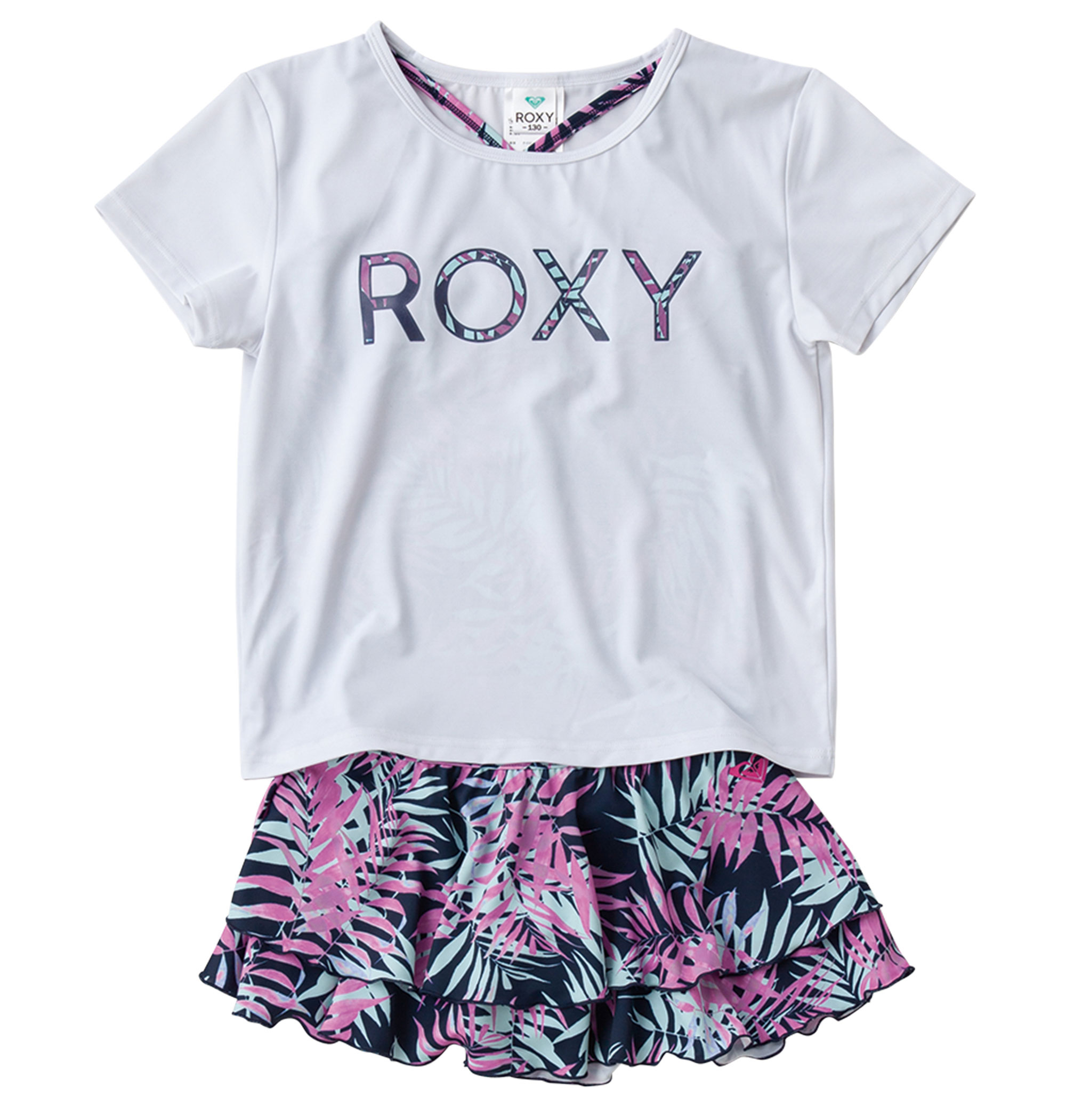 ＜Roxy＞MINI LEAF WAVE ボタニカル柄のセパレート水着と、同柄のロゴをフロントにプリントしたTシャツのセット